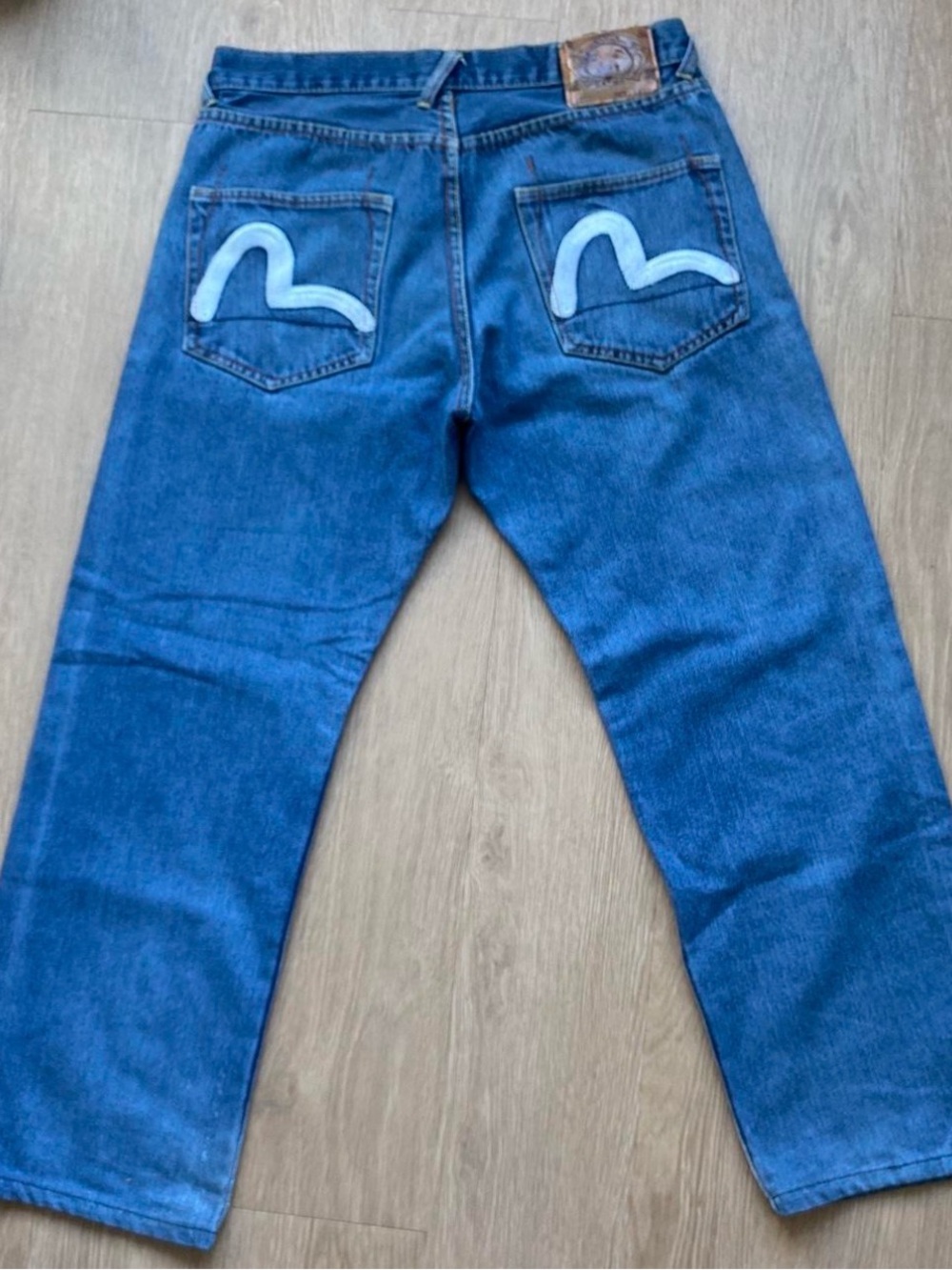 Evisu Blue Straight-Leg Jeans with White Embroidered Back Pockets
